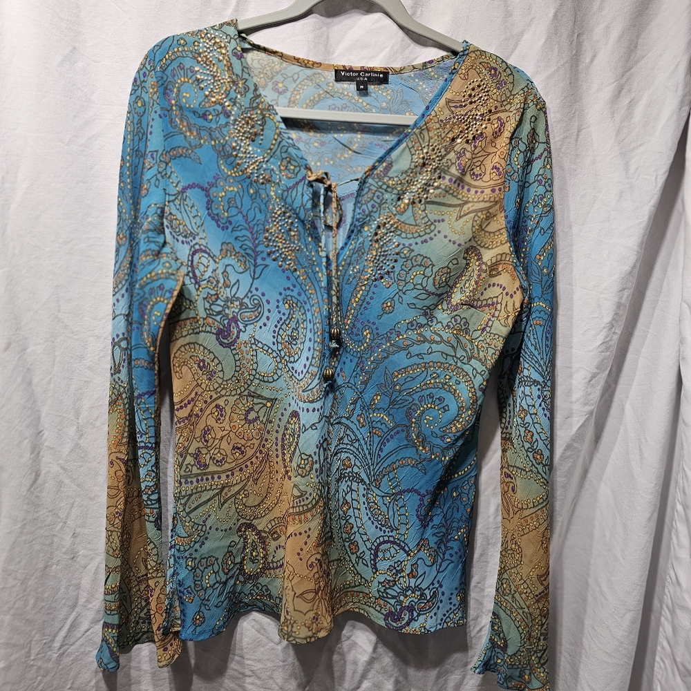 Victor Carlini USA Sheer Blouse M Blue Paisley Boho Chic Y2k Soft Studded Beach